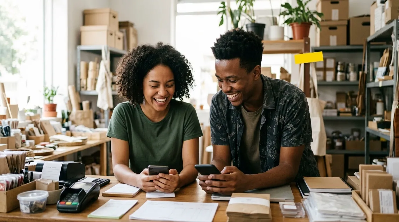 Dois jovens rindo atrás do balcão enquanto respondem clientes no celular