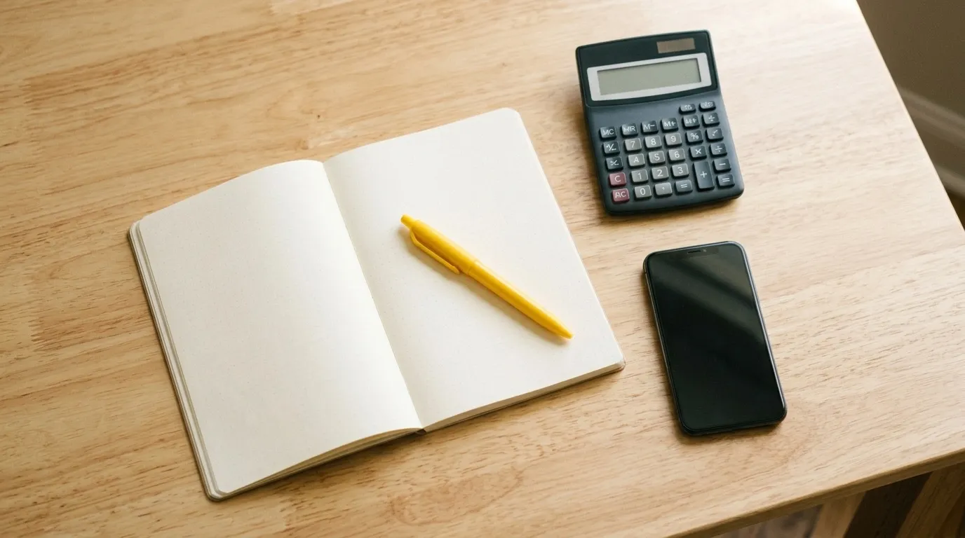 Mesa vista de cima com calculadora, caderno de anotações, celular e caneta amarela
