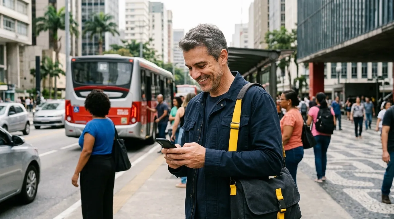 Homem no ponto de ônibus sorrindo pro celular
