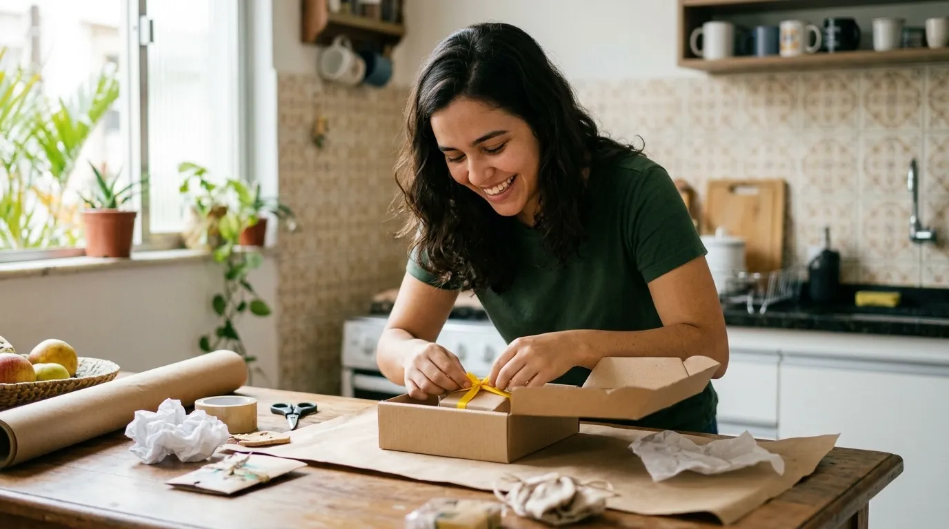Jovem montando o primeiro pedido na cozinha de casa
