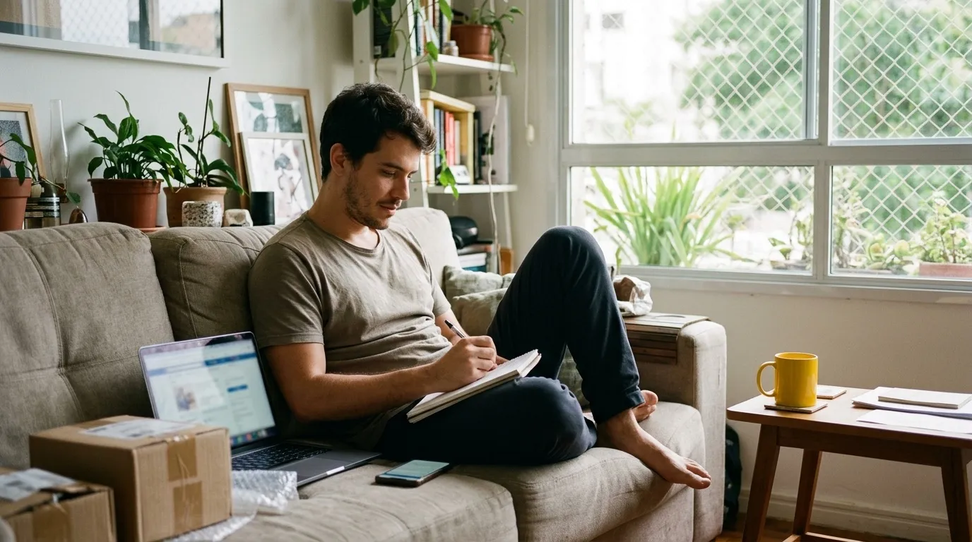 Jovem no sofá com notebook pesquisando produtos pra revender