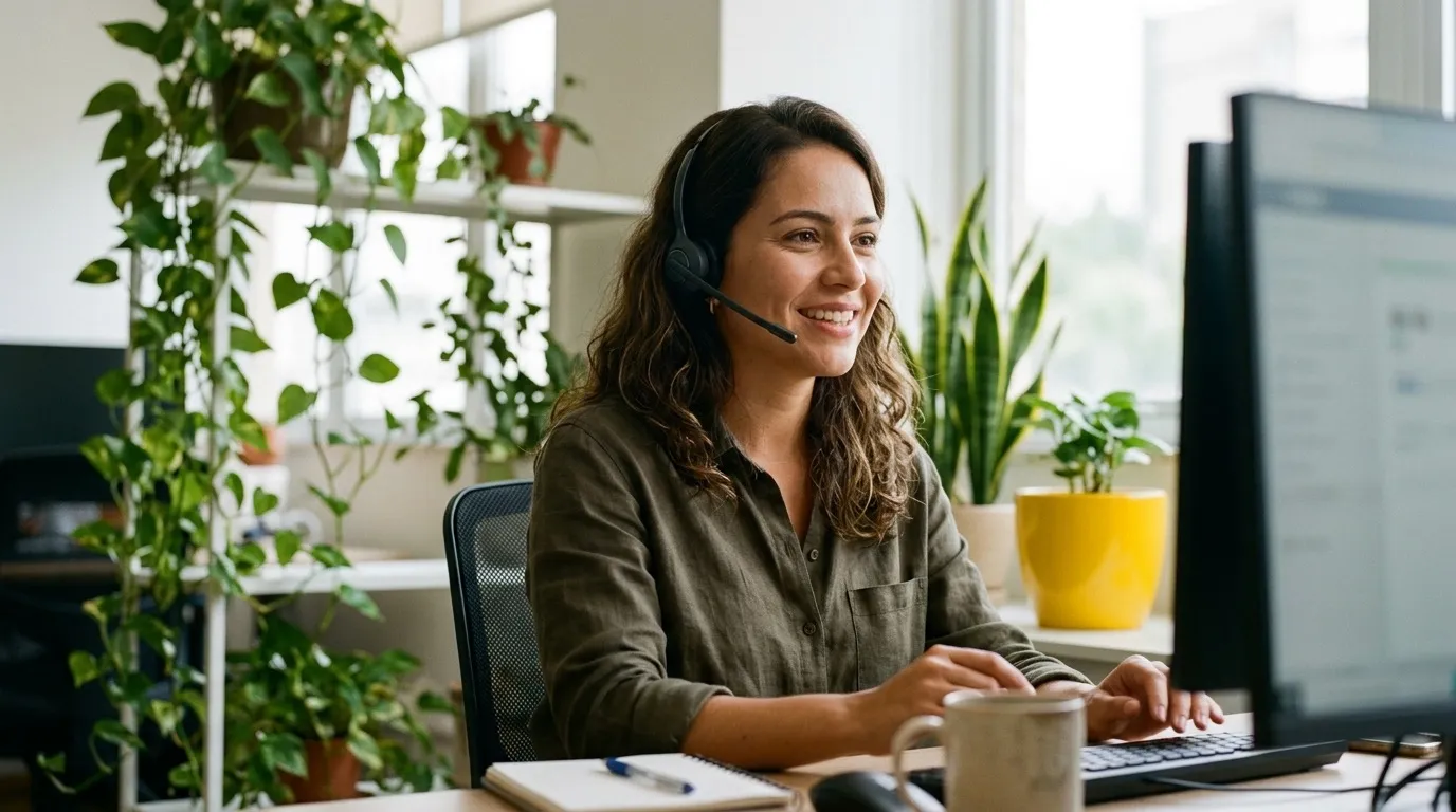 Atendente de suporte sorrindo com headset