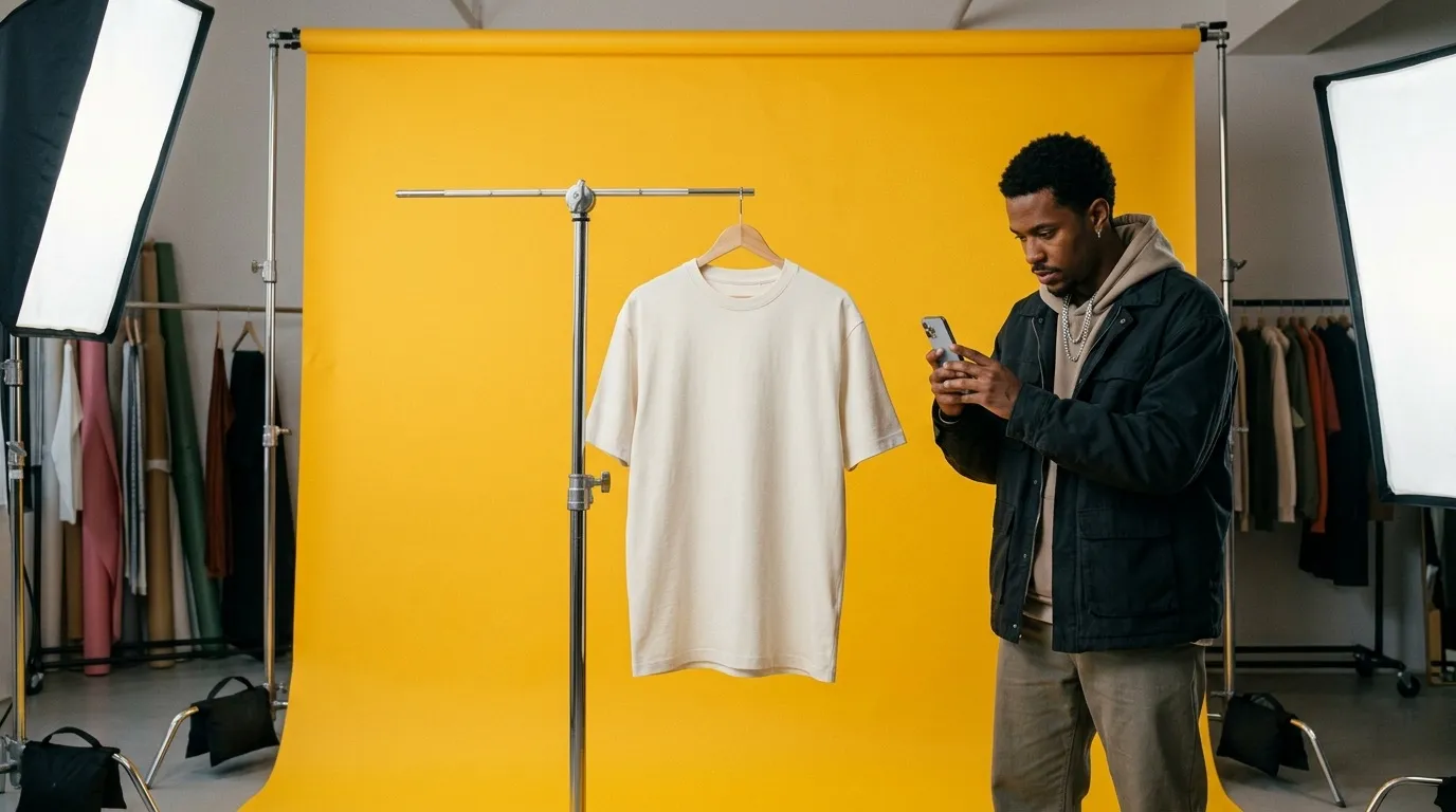 Jovem com roupa de streetwear posando na frente de um fundo amarelo