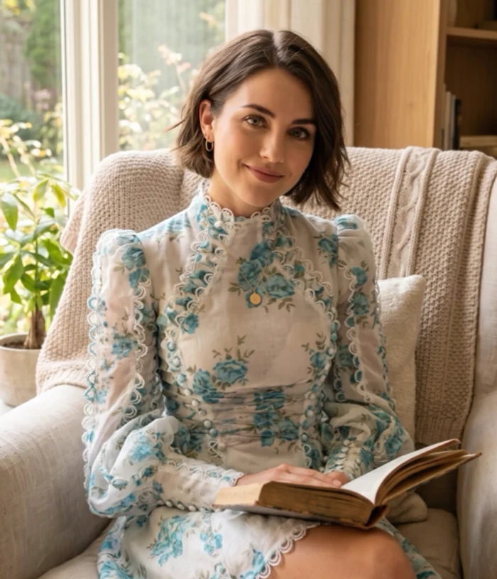 Eduarda Cabellari sentada numa poltrona, com um livro aberto no colo