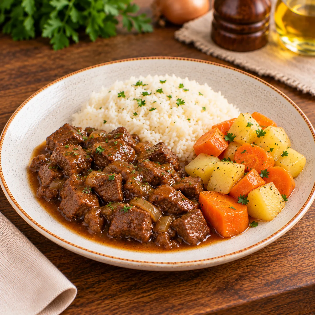 Picadinho de Carne com Arroz e Legumes