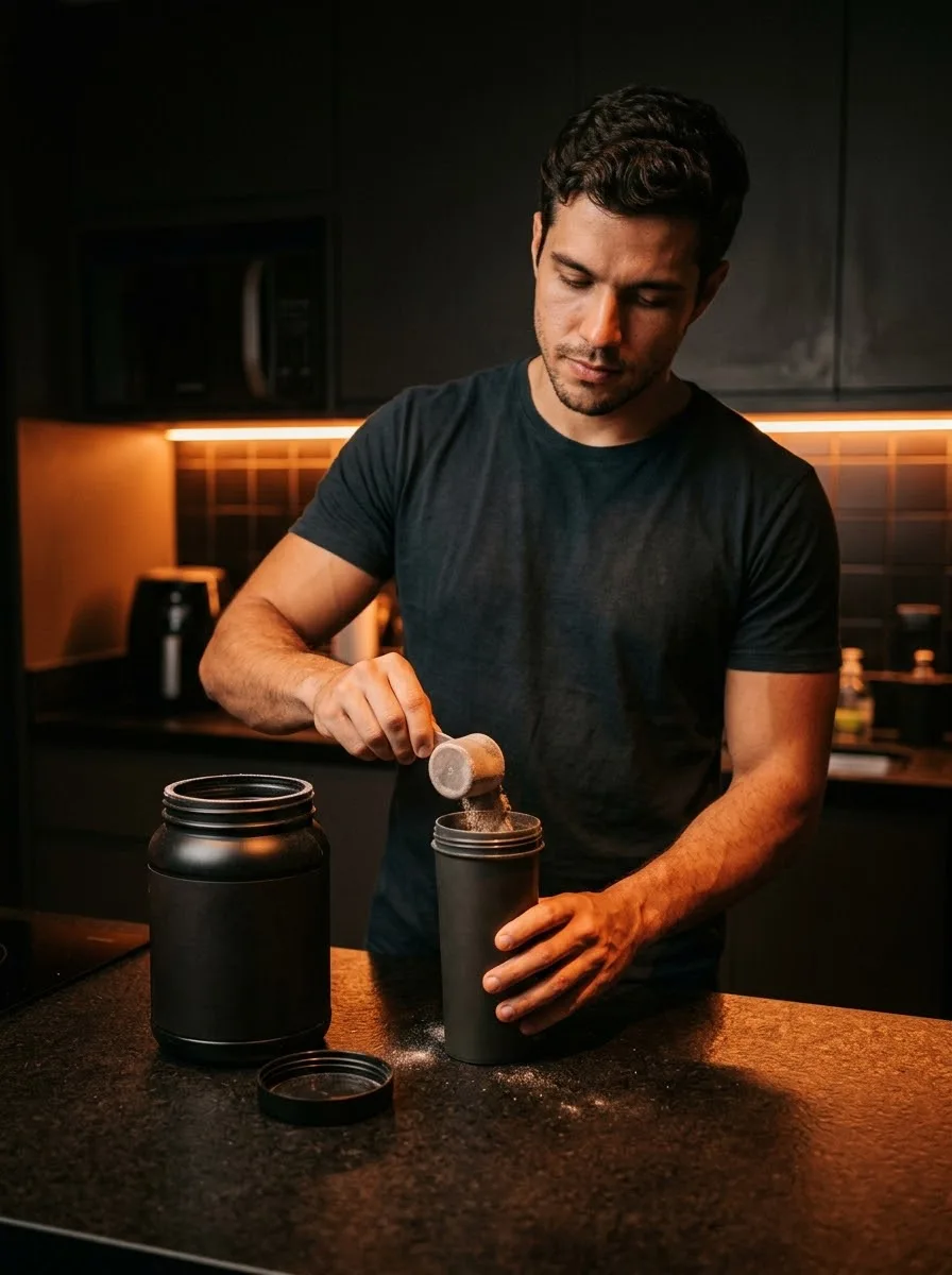 Atleta preparando o shake na academia