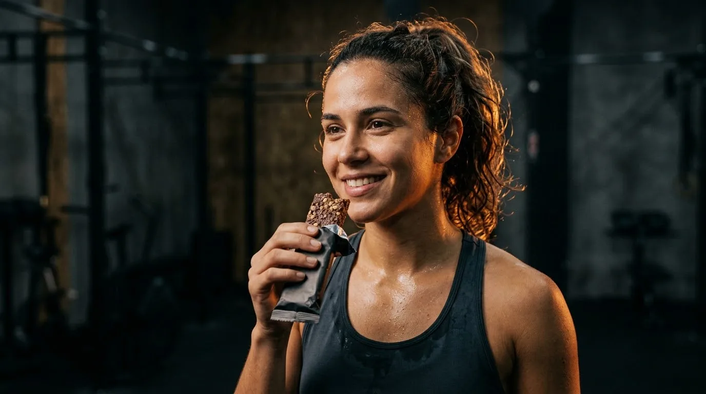 Barra de proteína no intervalo do treino