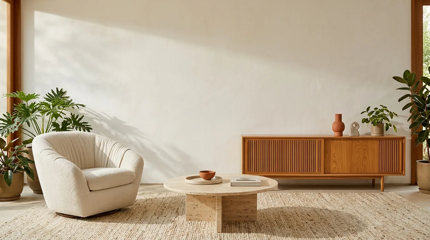Sala com poltrona giratória, mesa de travertino e aparador de freijó