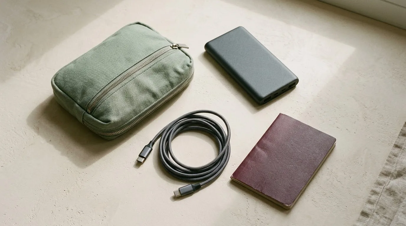 Mochila aberta com power bank e cabos organizados